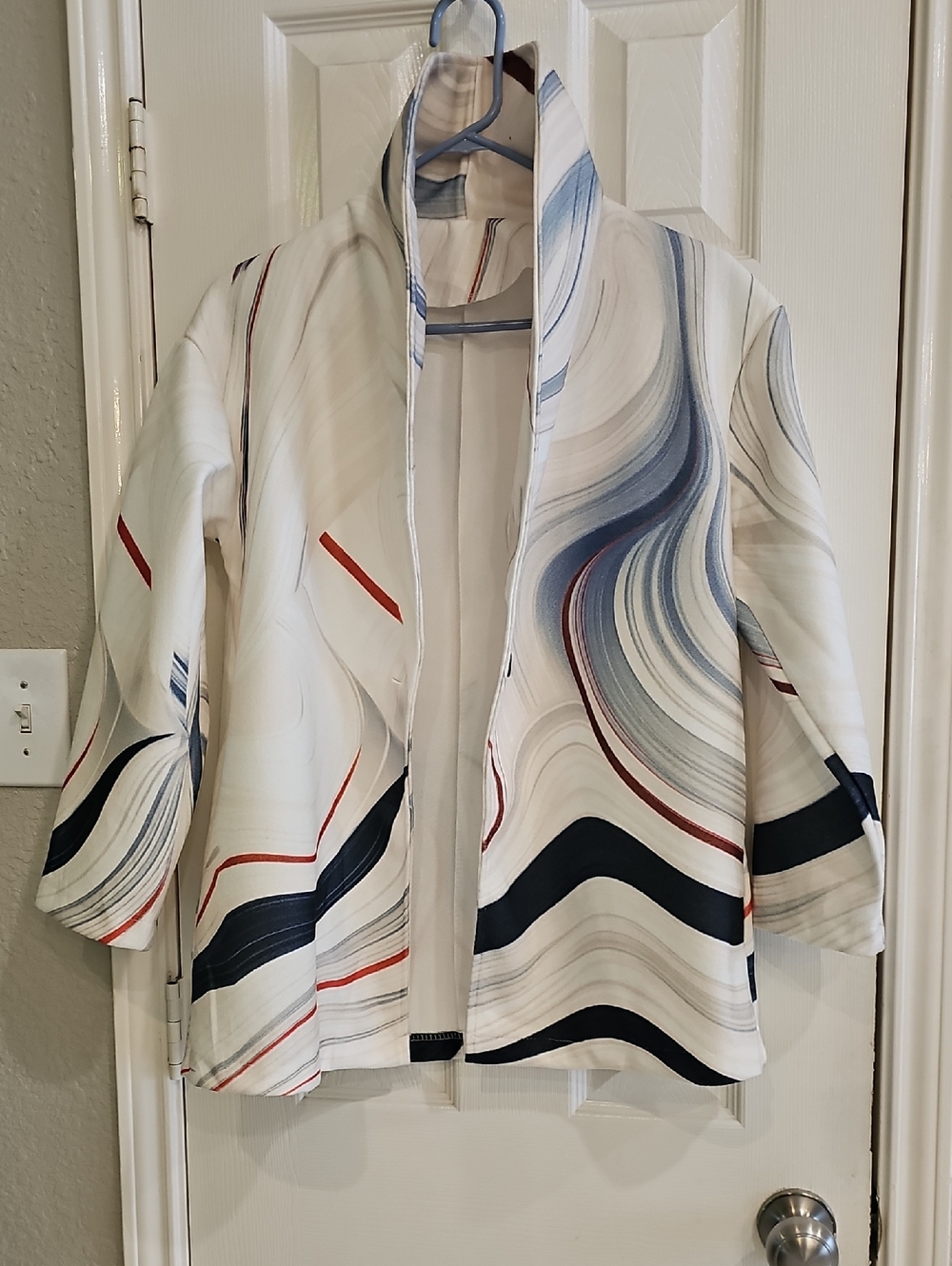 New White Swirl Abstract Print Open Blazer with Blue & Black Accents Small